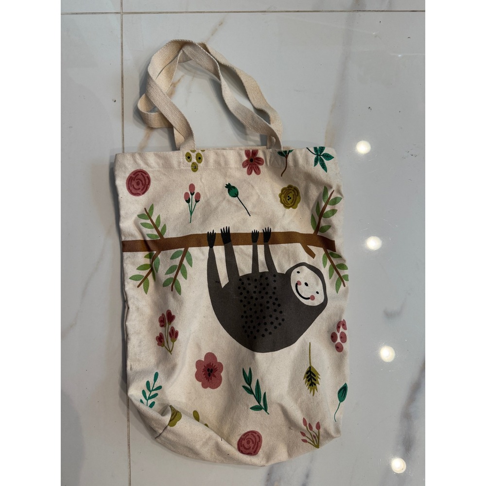 Sloth Floral Canvas Tote Bag Cream Reusable Grocery‎ Shopper Book Bag